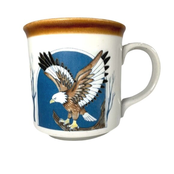 Vintage Eagle Flight Mountain Forest Trees Coffee Cup Mug Embossed American Bird - Picture 1 of 6